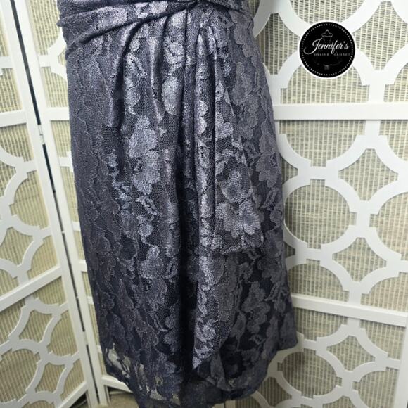 Coldwater Creek NWT Metallic Slate Gray Floral Lace Twisted Waist Dress Size 14 - Picture 6 of 13